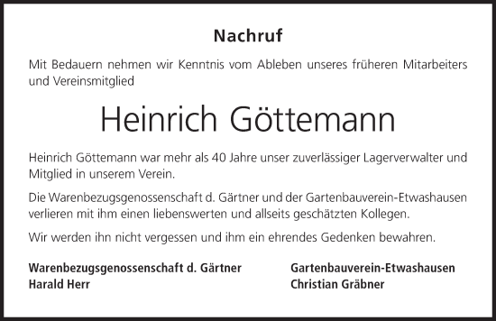 Anzeige von Heinrich Göttemann von MGO