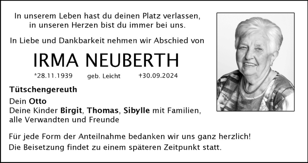  Traueranzeige für Irma Neuberth vom 05.10.2024 aus MGO