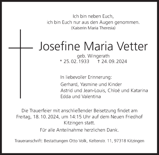 Anzeige von Josefine Maria Vetter von MGO