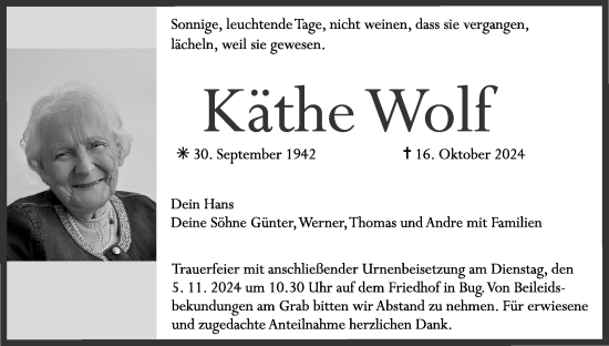 Anzeige von Käthe Wolf von MGO