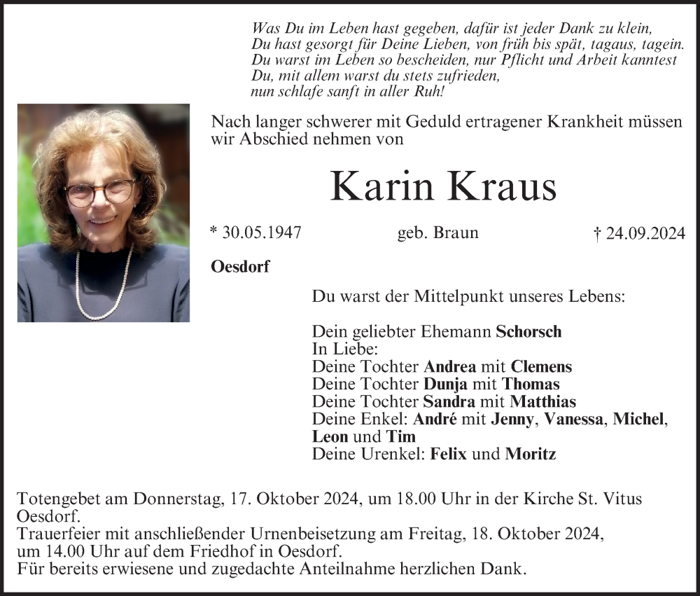  Traueranzeige für Karin Kraus vom 12.10.2024 aus MGO