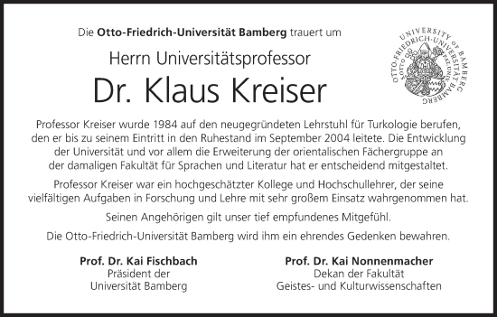 Anzeige von Klaus Kreiser von MGO