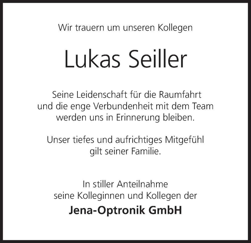  Traueranzeige für Lukas Seiller vom 26.10.2024 aus MGO