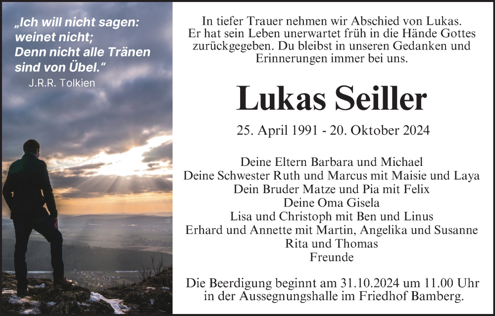  Traueranzeige für Lukas Seiller vom 26.10.2024 aus MGO