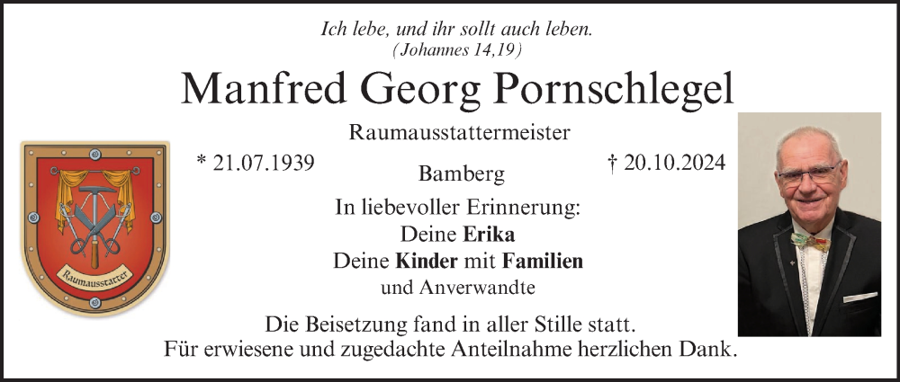  Traueranzeige für Manfred Georg Pornschlegel vom 25.10.2024 aus MGO