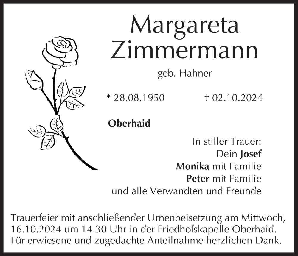  Traueranzeige für Margareta Zimmermann vom 12.10.2024 aus MGO