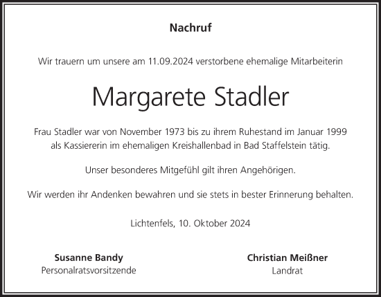 Anzeige von Margarete Stadler von MGO