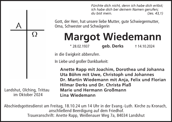 Anzeige von Margot Wiedemann von MGO