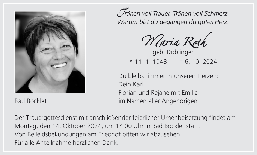  Traueranzeige für Maria Roth vom 12.10.2024 aus MGO