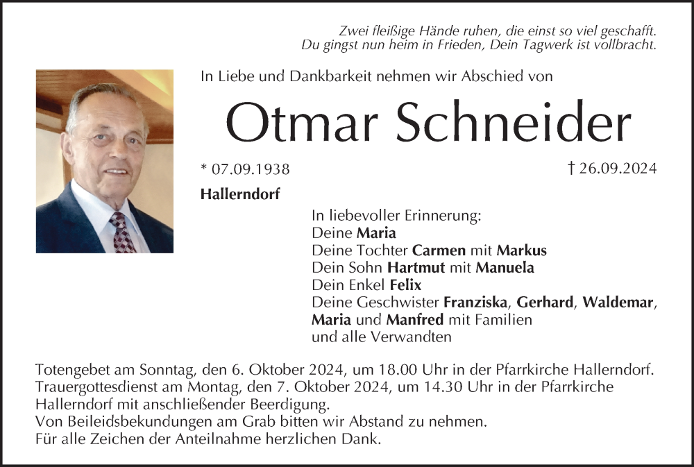  Traueranzeige für Otmar Schneider vom 04.10.2024 aus MGO