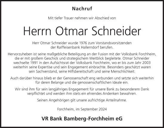 Anzeige von Otmar Schneider von MGO