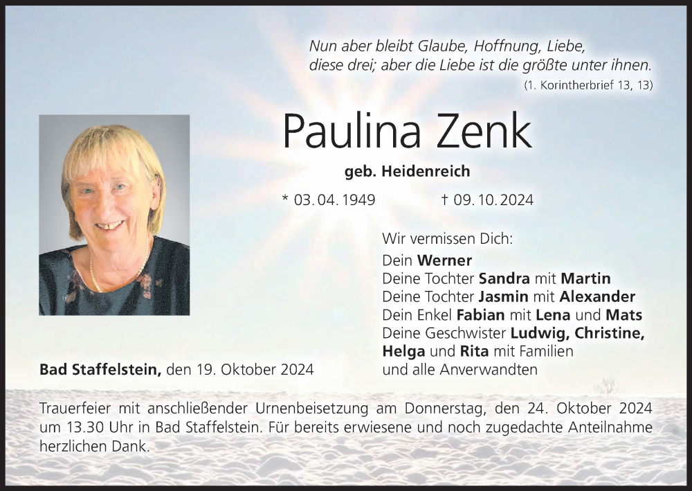  Traueranzeige für Paulina Zenk vom 19.10.2024 aus MGO