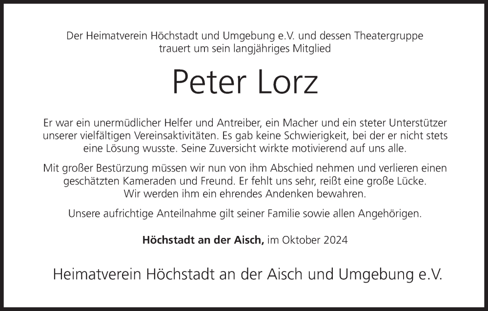  Traueranzeige für Peter Lorz vom 12.10.2024 aus MGO