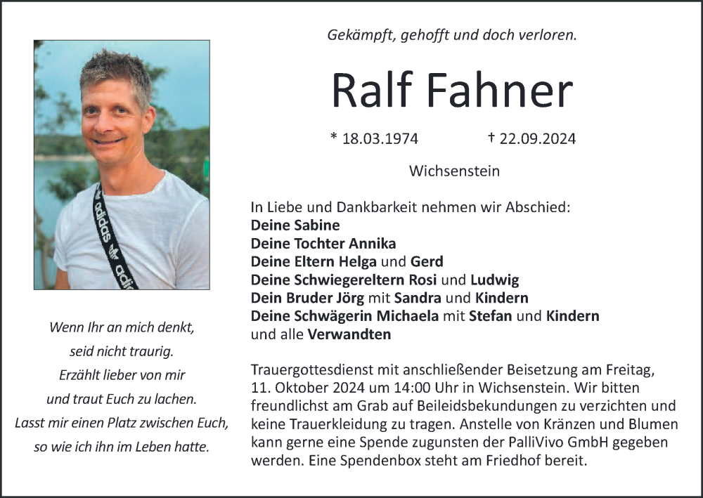  Traueranzeige für Ralf Fahner vom 05.10.2024 aus MGO