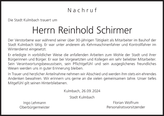 Anzeige von Reinhold Schirmer von MGO