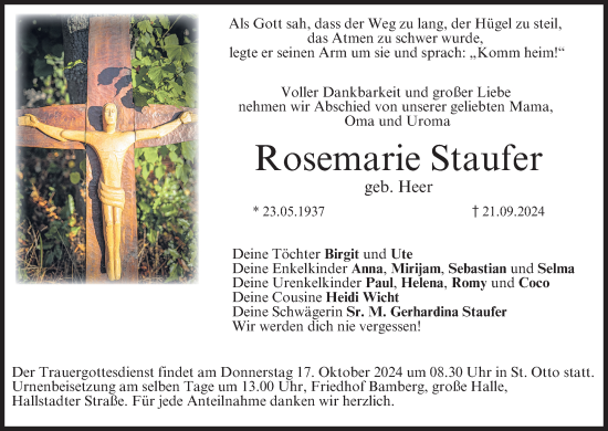 Anzeige von Rosemarie Staufer von MGO