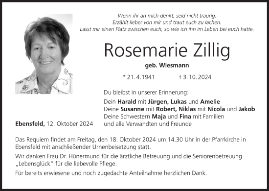 Anzeige von Rosemarie Zillig von MGO