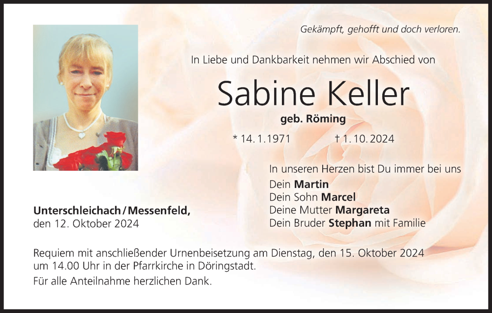  Traueranzeige für Sabine Keller vom 12.10.2024 aus MGO