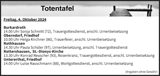 Anzeige von Totentafel vom 04.10.2024 von MGO