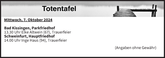Anzeige von Totentafel vom 07.10.2024 von MGO