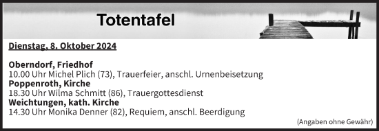 Anzeige von Totentafel vom 08.10.2024 von MGO