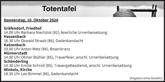 Anzeige von Totentafel vom 10.10.2024 von MGO