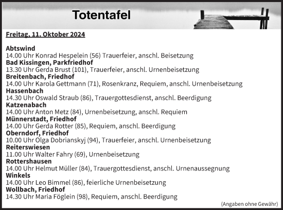 Anzeige von Totentafel vom 11.10.2024 von MGO