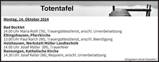 Anzeige von Totentafel vom 14.10.2024 von MGO