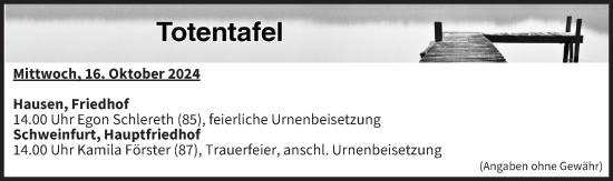Anzeige von Totentafel vom 16.10.2024 von MGO