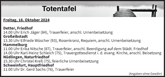 Anzeige von Totentafel vom 18.10.2024 von MGO