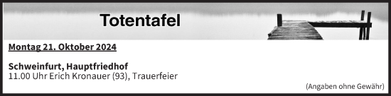 Anzeige von Totentafel vom 21.10.2024 von MGO