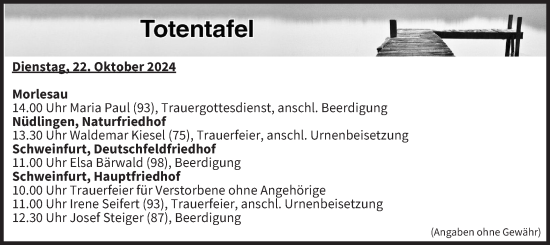 Anzeige von Totentafel vom 22.10.2024 von MGO