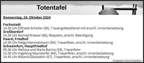 Anzeige von Totentafel vom 24.10.2024 von MGO