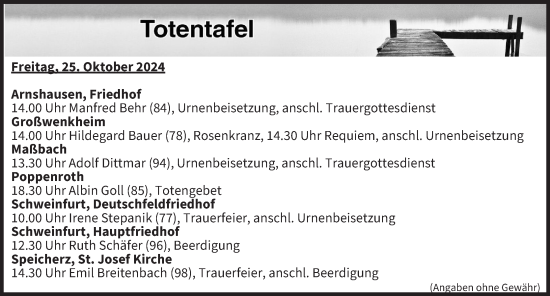 Anzeige von Totentafel vom 25.10.2024 von MGO