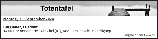 Anzeige von Totentafel vom 30.09.2024 von MGO