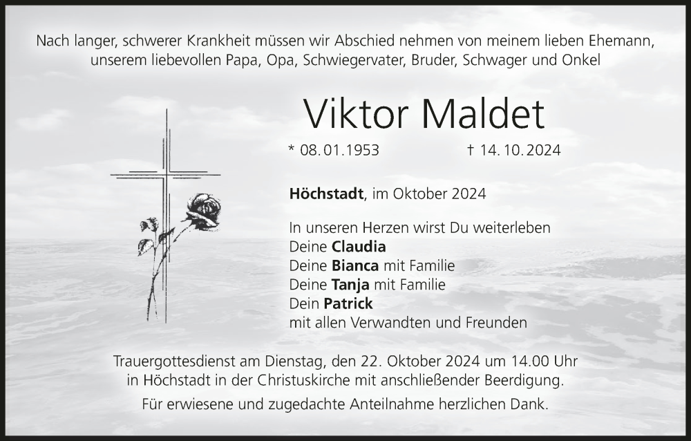  Traueranzeige für Viktor Maldet vom 19.10.2024 aus MGO