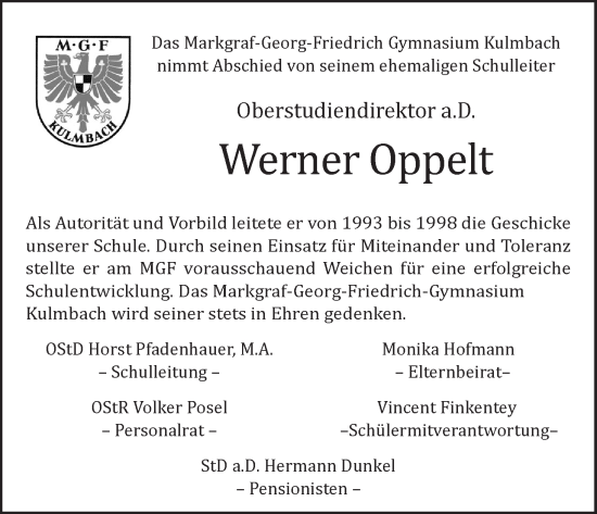 Anzeige von Werner Oppelt von MGO