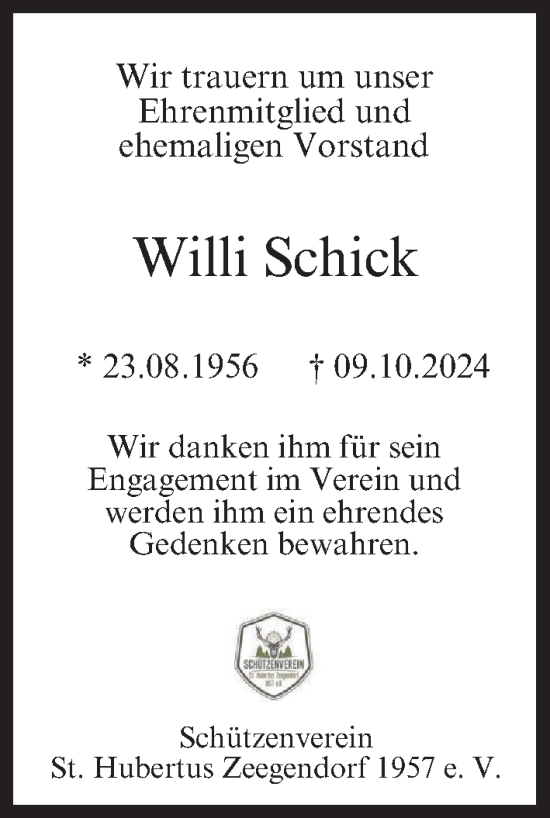 Anzeige von Willi Schick von MGO