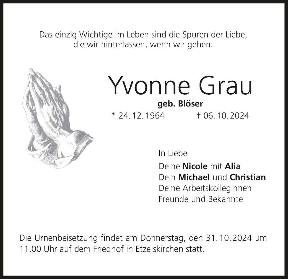  Traueranzeige für Yvonne Graune vom 26.10.2024 aus MGO