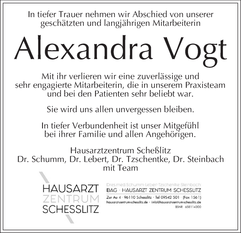  Traueranzeige für Alexandra Vogt vom 16.11.2024 aus MGO