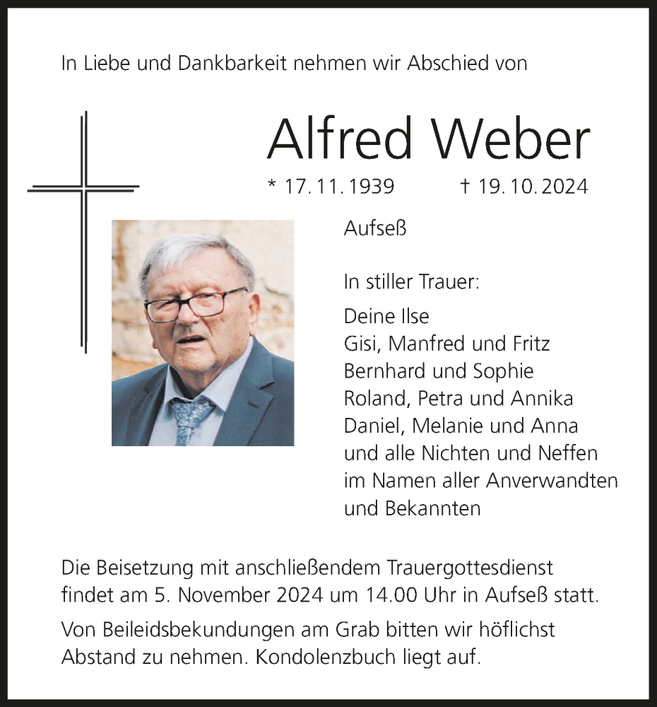  Traueranzeige für Alfred Weber vom 02.11.2024 aus MGO