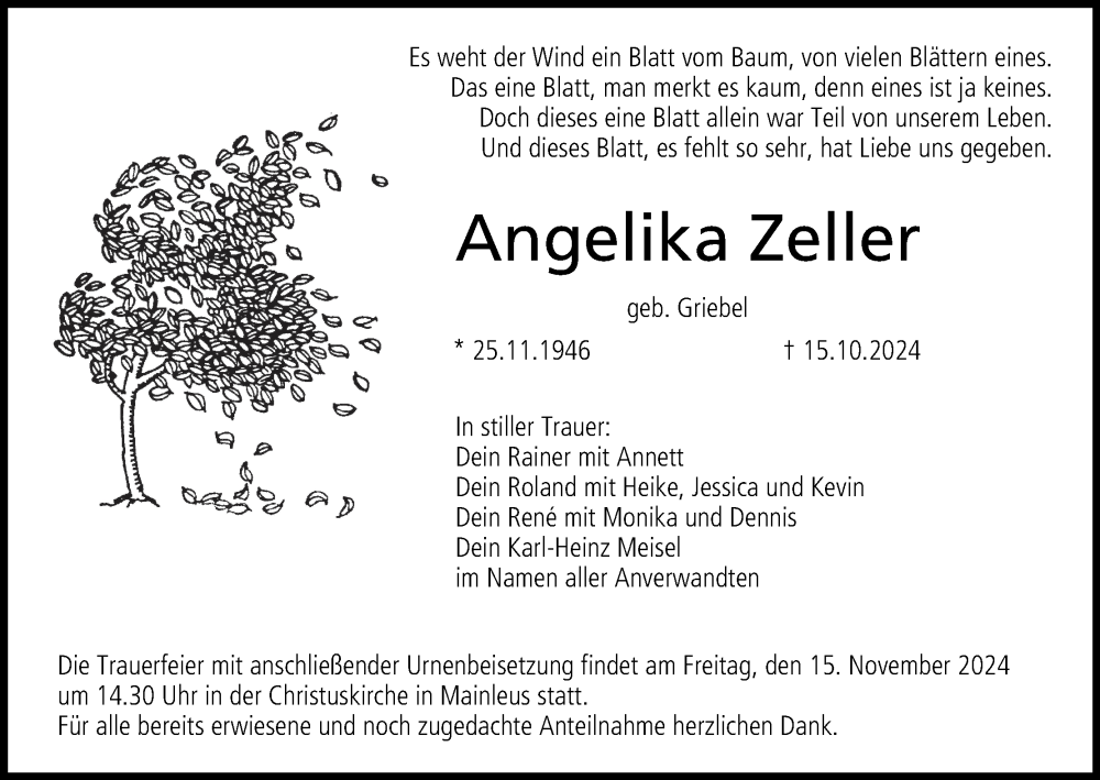  Traueranzeige für Angelika Zeller vom 09.11.2024 aus MGO