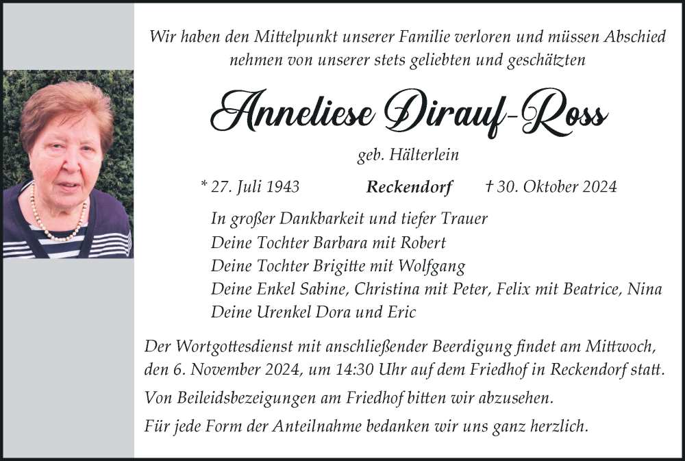  Traueranzeige für Anneliese Dirauf-Ross vom 02.11.2024 aus MGO