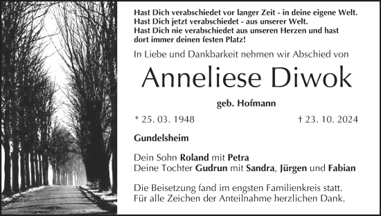 Anzeige von Anneliese Diwok von MGO