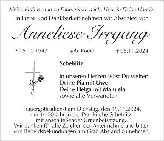 Anzeige von Anneliese Irrgang von MGO