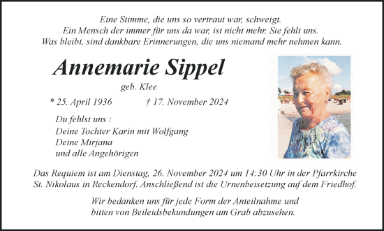 Anzeige von Annemarie Sippel von MGO