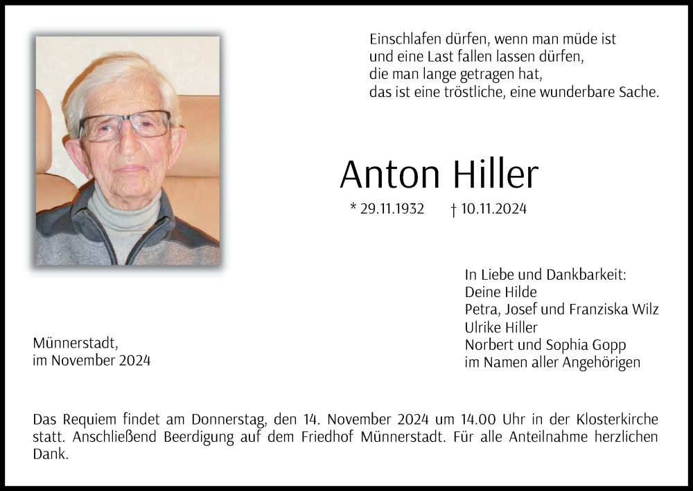  Traueranzeige für Anton Hiller vom 13.11.2024 aus MGO