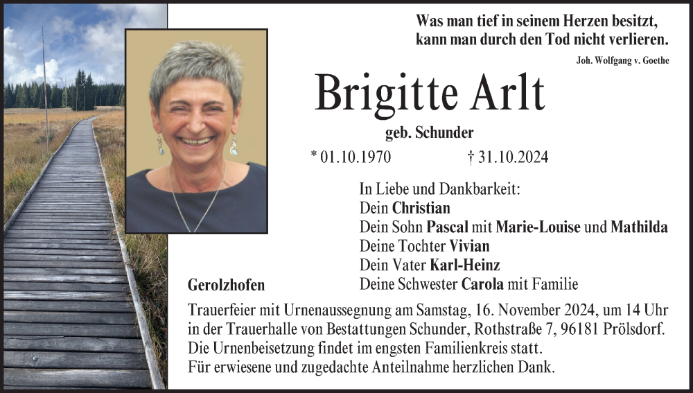  Traueranzeige für Brigitte Arlt vom 09.11.2024 aus MGO