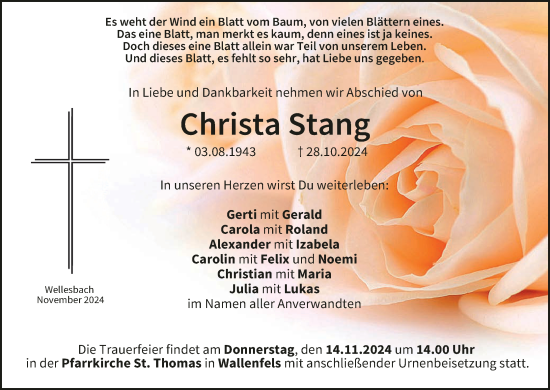 Anzeige von Christa Stang von MGO