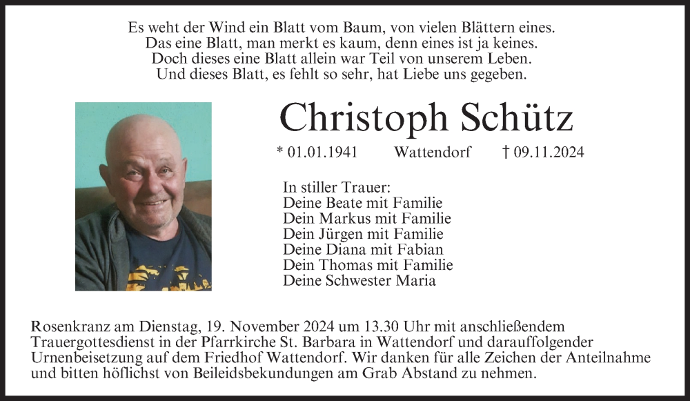  Traueranzeige für Christoph Schütz vom 16.11.2024 aus MGO